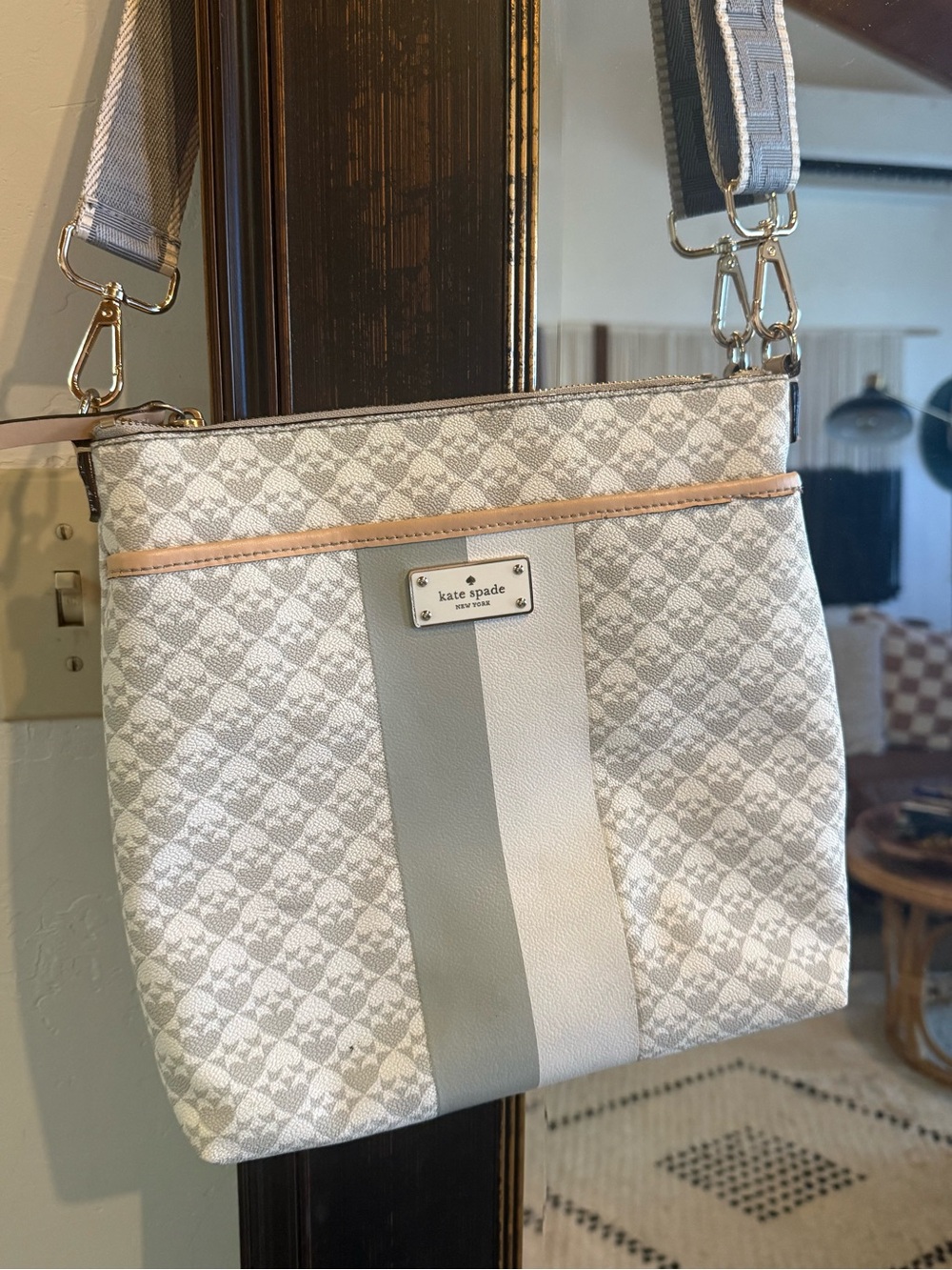 kate spade Cream and Light Gray Patterned Crossbody with Tan Trim